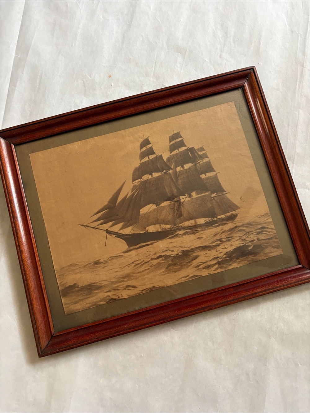 Art Print "Clipper" by Otto Gerhards Sailing Ship Wooden Frame antique